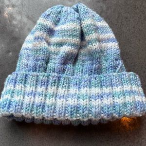 Handmade knitted winter hat, unlined.  12-36 months.  Teal, purple, white